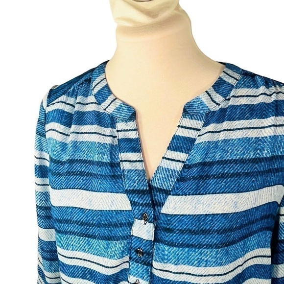 Zac & Rachel Blue Stripe Geometric Long sleeve Blouse Tulip Hem Sz M - Picture 6 of 13